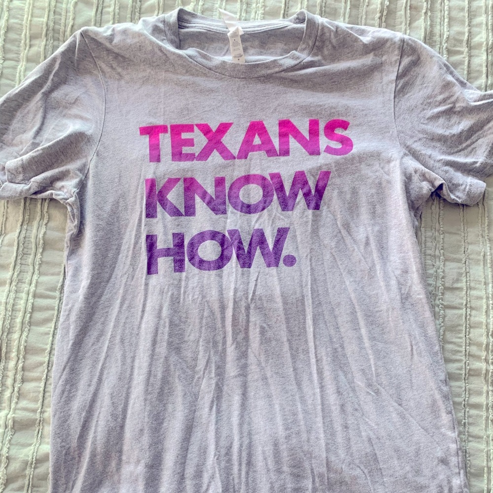 Grey, purple lettering Tarleton State University t-shirt